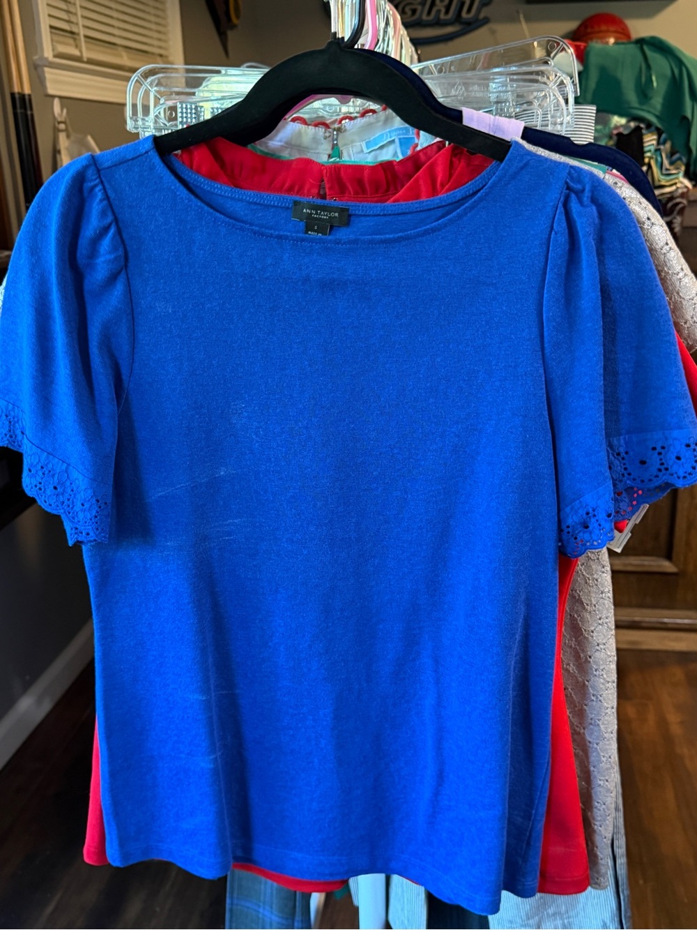 Ann Taylor Royal Blue Short Sleeve Knit Top with Eyelet Trim